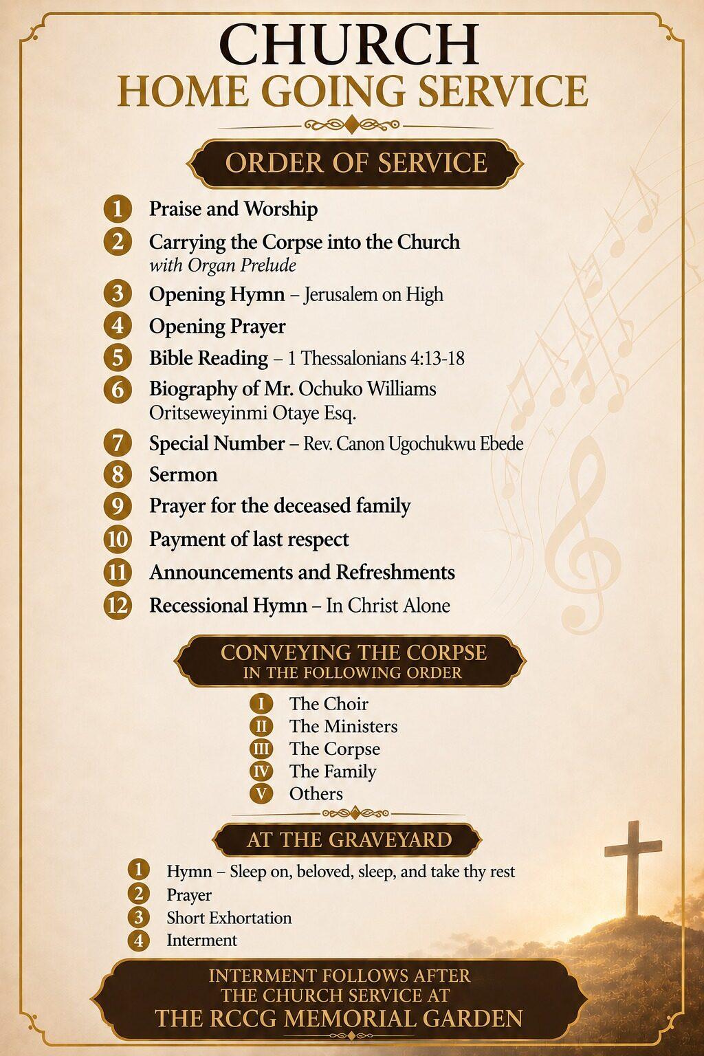 Printed programme, page one — the order of service for Ochuks's Home Going Service, the procession, and the graveside order.