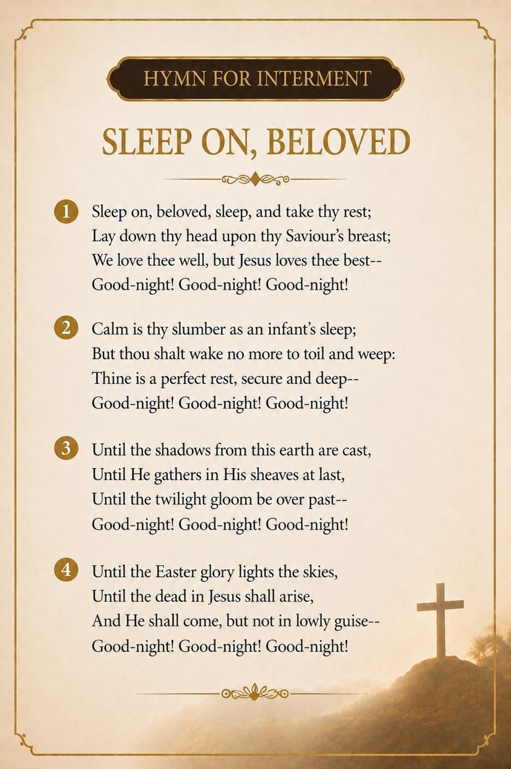 Printed programme, page two — the hymn for the interment, “Sleep On, Beloved”, in full.
